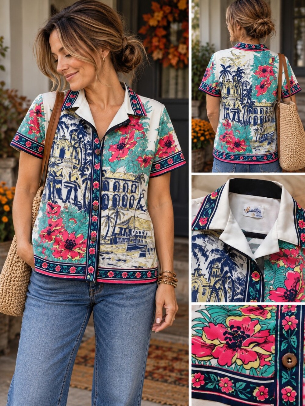 Vintage 1960s Hamilton Tropical Scenic‎ Floral Hawaiian Button Front Shirt